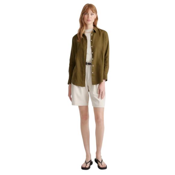 Quince Dark Olive Green European Linen Long Sleeve Button Down Shirt - Picture 1 of 10